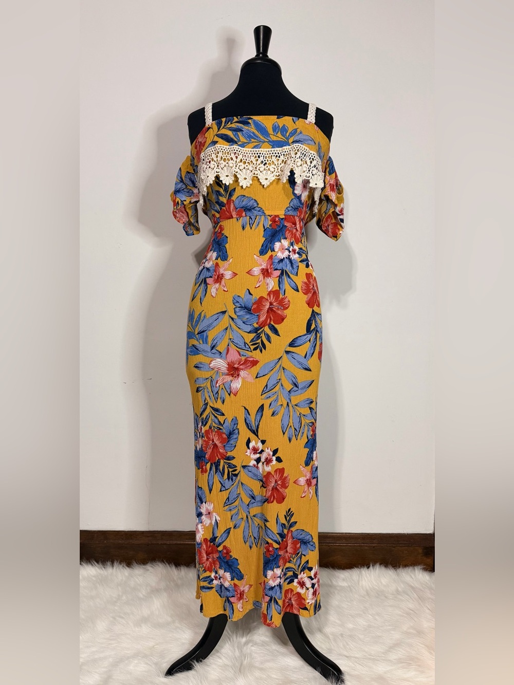 No Boundaries Mustard Floral Cold-Shoulder Maxi Dress with Lace
